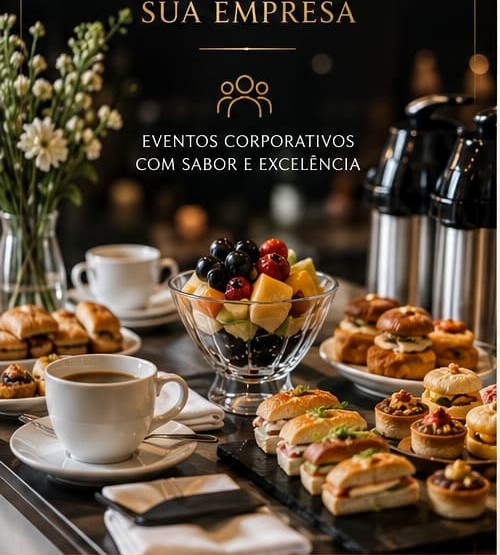 Mesa de buffet com café, frutas e pequenos lanches