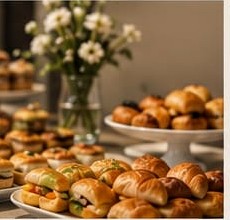 Mesa com pães e pequenos sanduíches