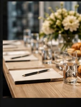 Mesa preparada para reunião empresarial